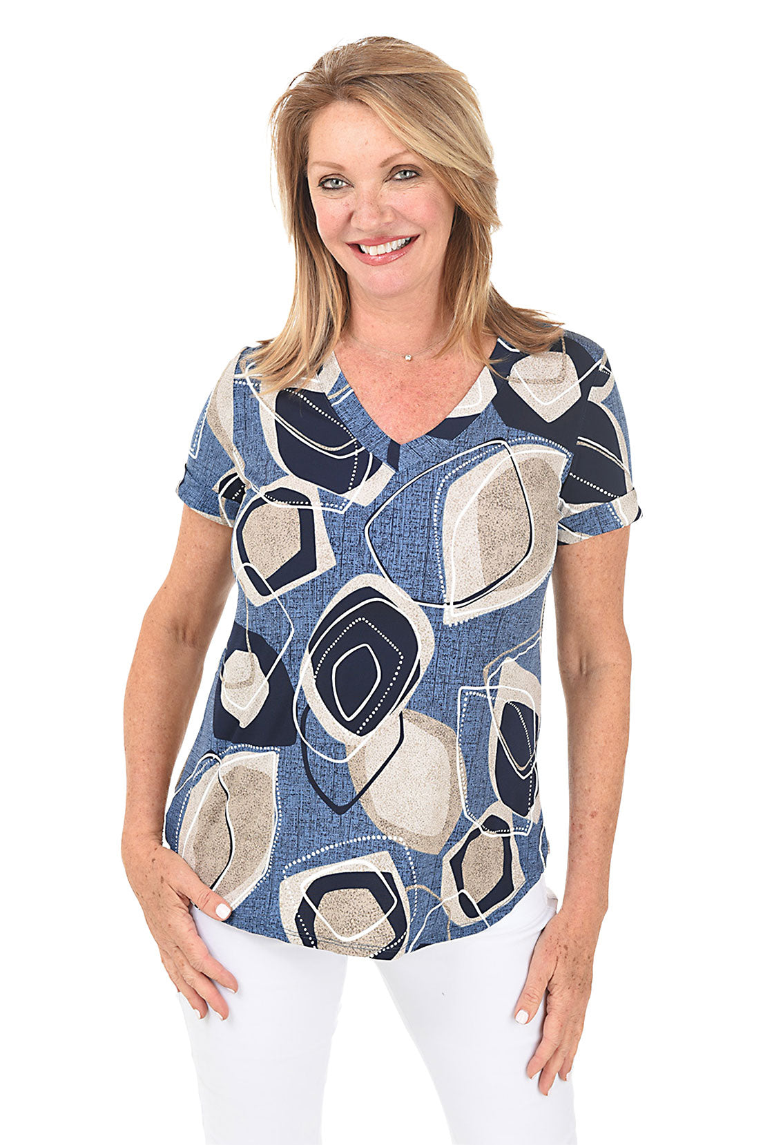 Puff Print Abstract V-Neck Top