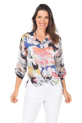 Petite Colorful Ink Sheer Button-Front Shirt