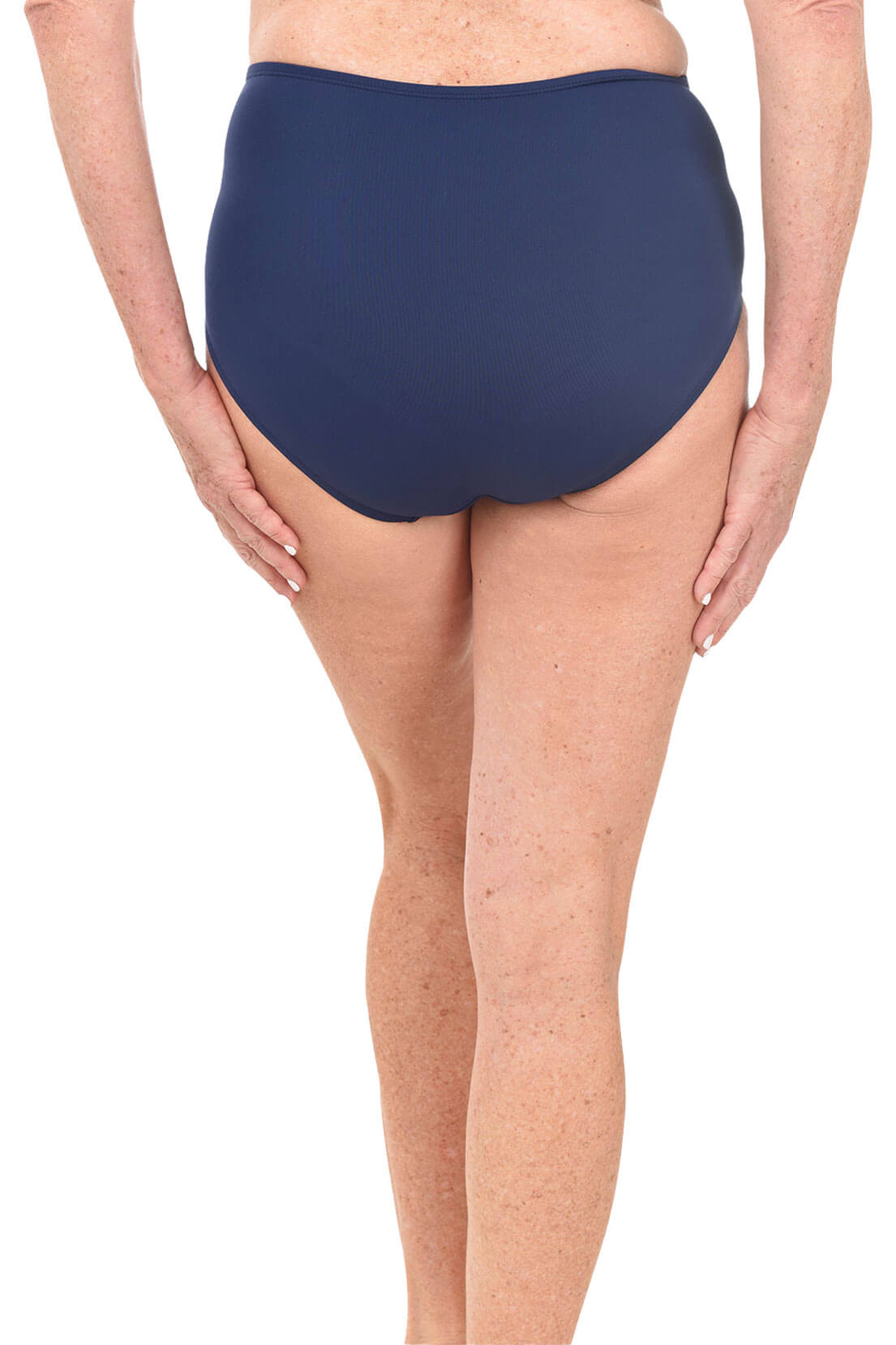 Navy blue high-waisted swimsuit on a white background