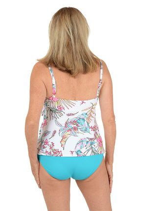 Woman wearing a floral tankini set on a white background. Back shot.