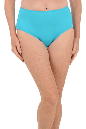 Person wearing bright blue high-waisted bikini bottoms on a white background