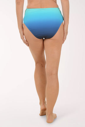 Blue and green striped bikini bottom worn by a person on a white background. Back shot.