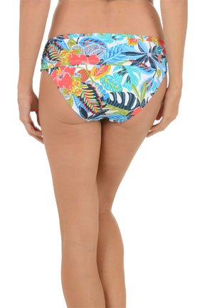 A woman wearing a multicolored swim brief. Back shot.