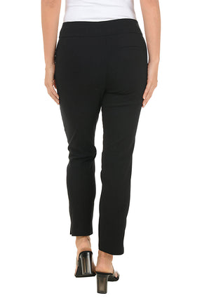 Black pants worn by a person on a white background