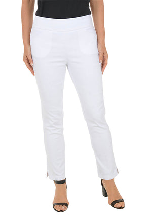White pants worn by a person on a white background