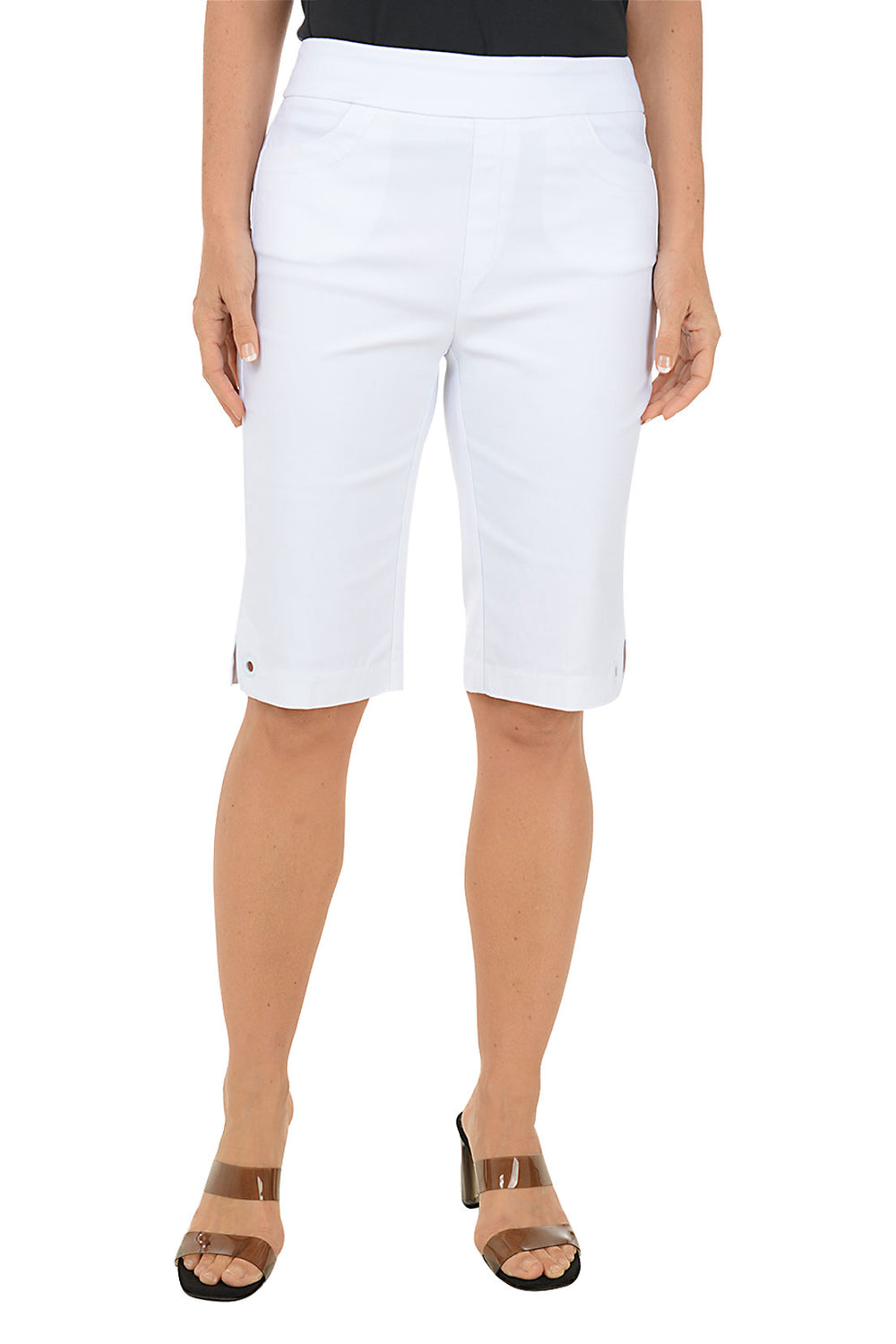 White shorts worn by a person on a white background.