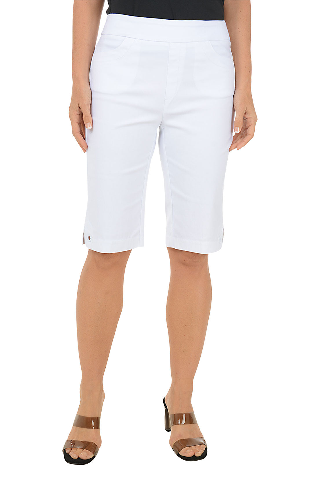White shorts worn by a person on a white background.