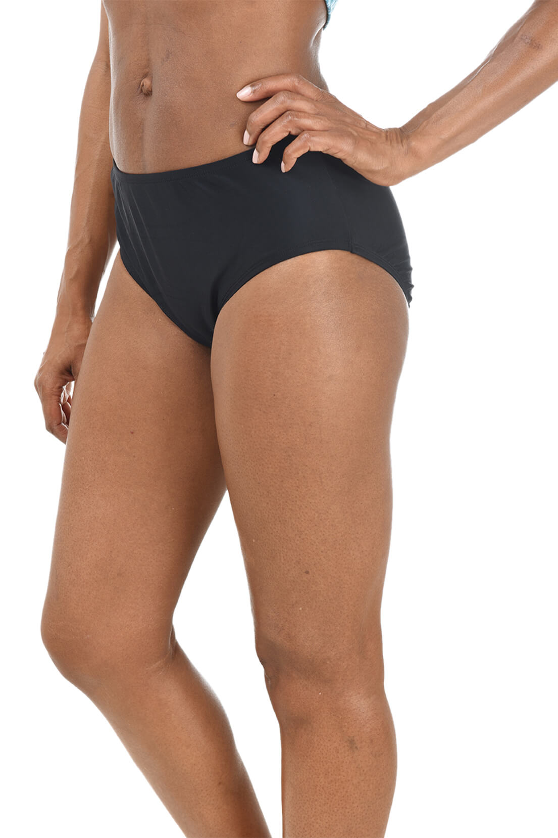 Person wearing black swim briefs on a white background. Side shot.