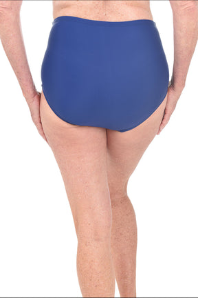 Person wearing navy high-waisted swim bottoms on a white background. Back shot.