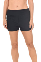 Black swim shorts worn by a person on a white background.