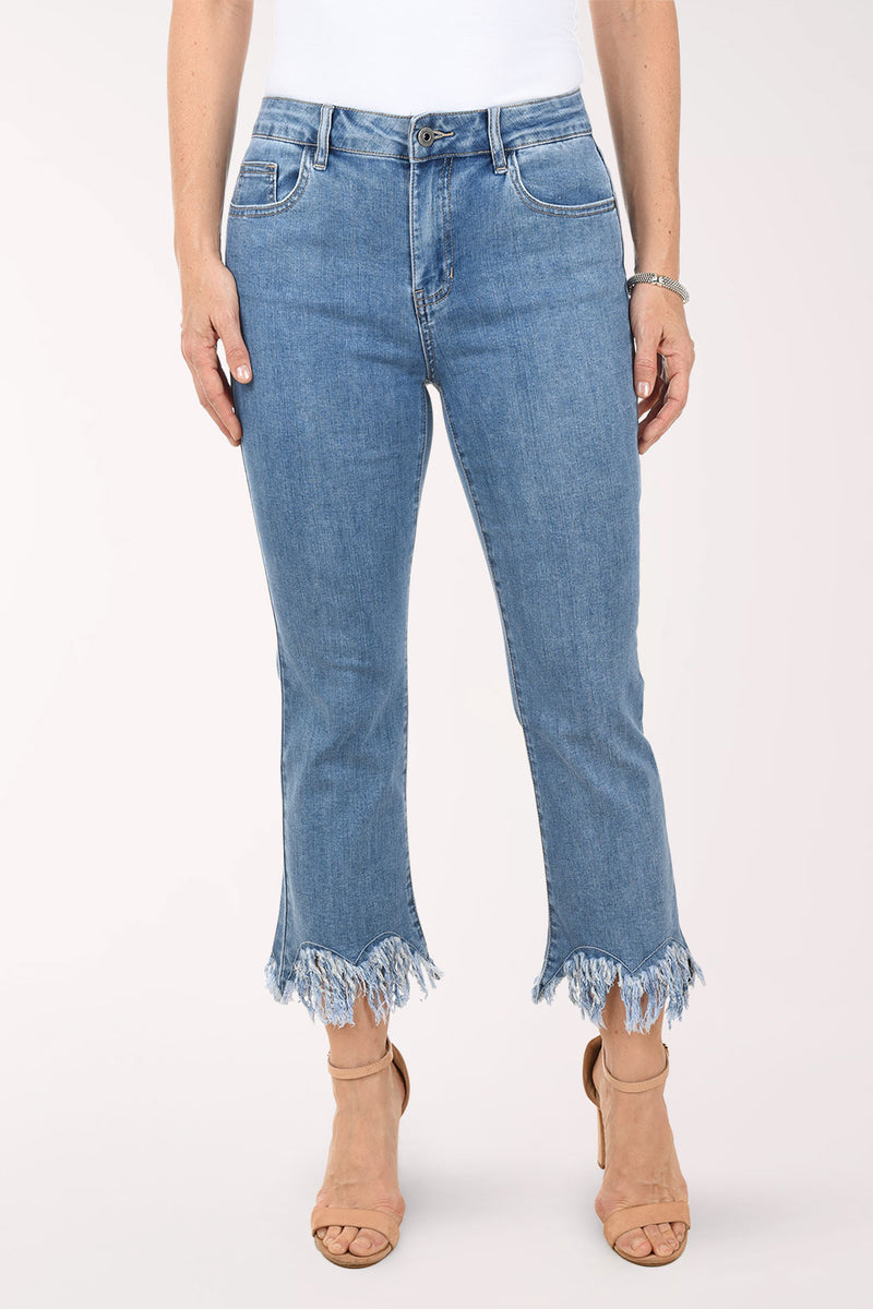 Fringe Hem Denim Flared Crop Pant | Charlie B Fringe Hem Denim Flared Crop Pant | Charlie B