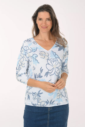 Woman wearing a blue floral top on a white background