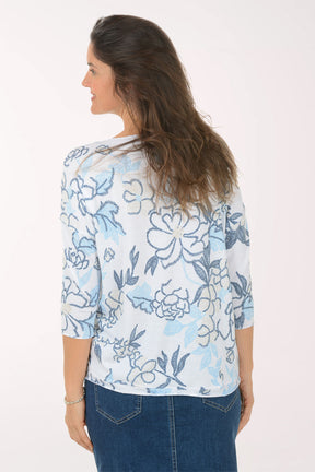 Woman wearing a blue floral top on a white background