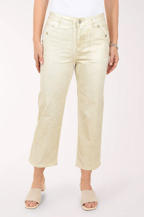 Person wearing light-colored pants on a white background