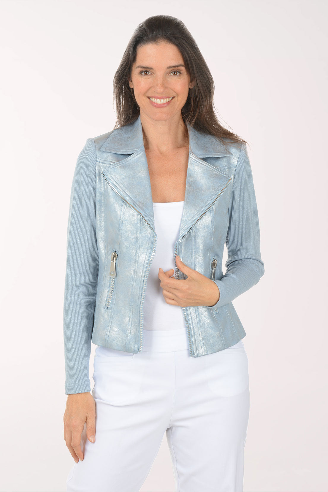 Woman wearing a light blue jacket on a white background