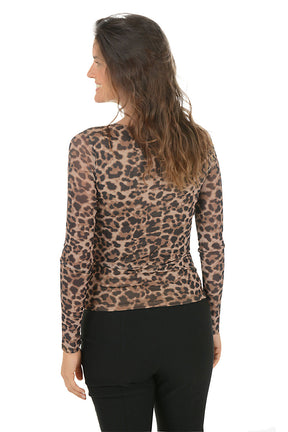Woman wearing a leopard print long-sleeve top on a white background. Back shot.