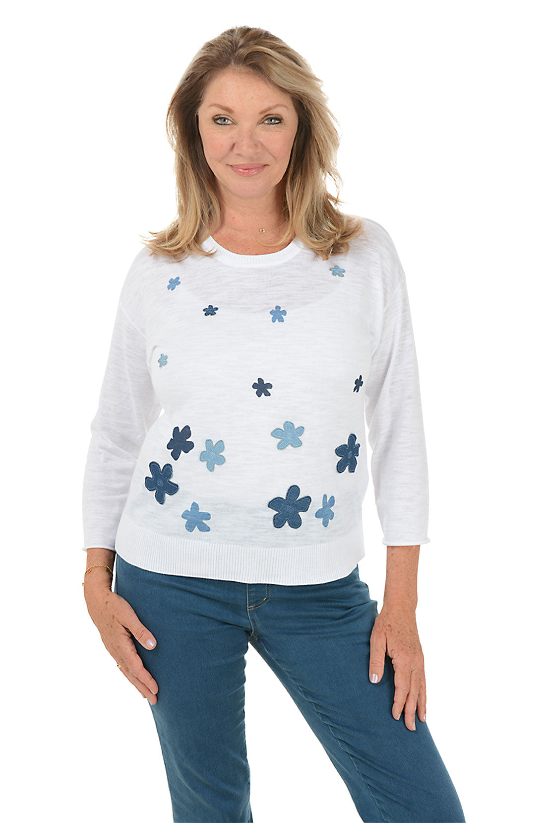 Denim Flower Applique Sweater