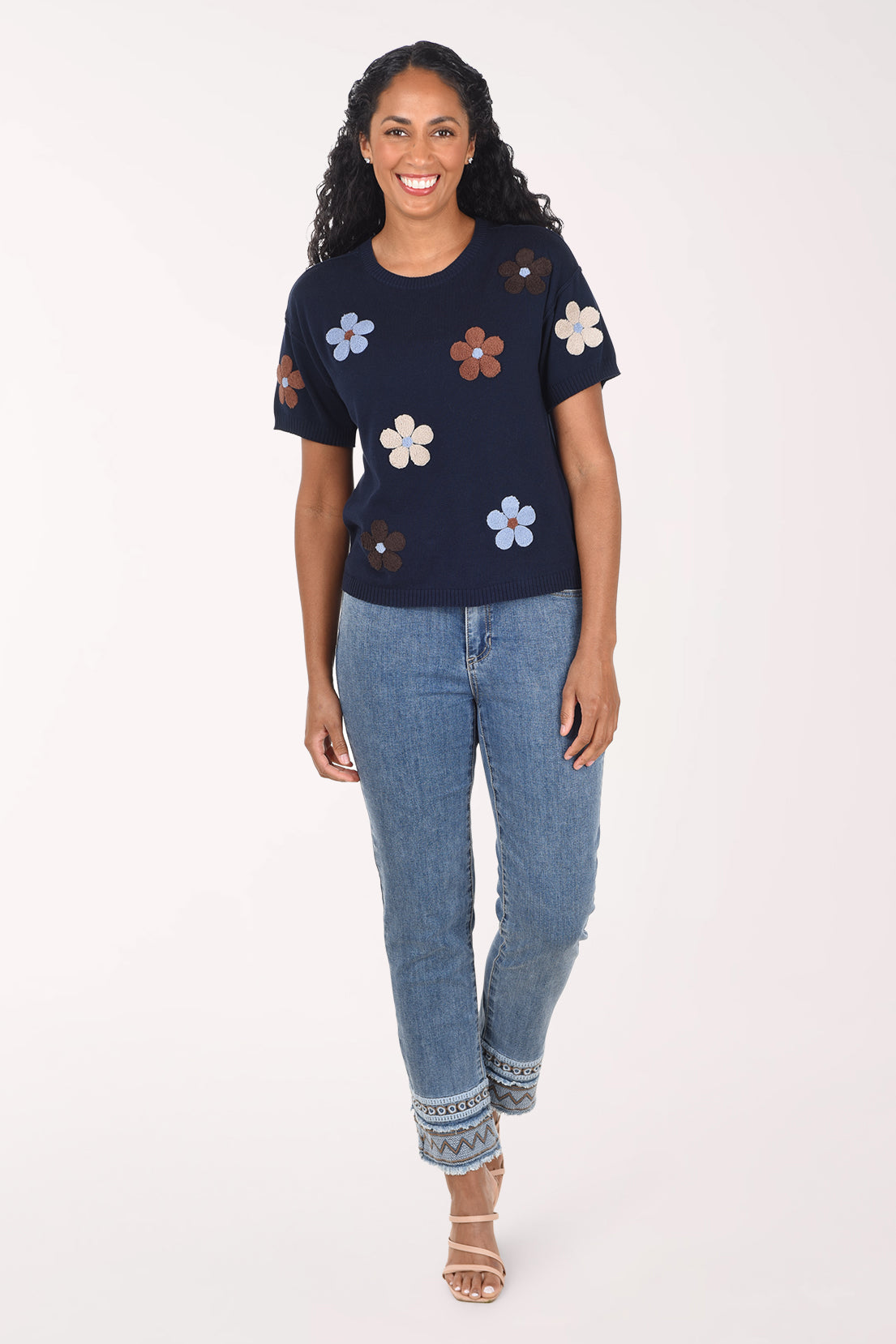 Embroidered Flowers Cotton Short Sleeve Sweater