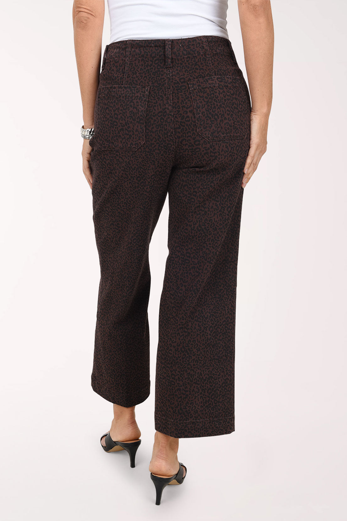 A back view of the brown leopard print wide leg jeans showing the back patch pockets.