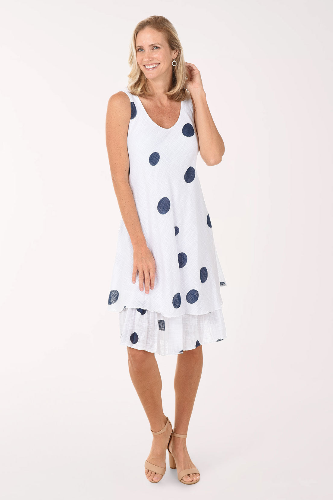 Woman wearing a white dress with blue polka dots on a white background