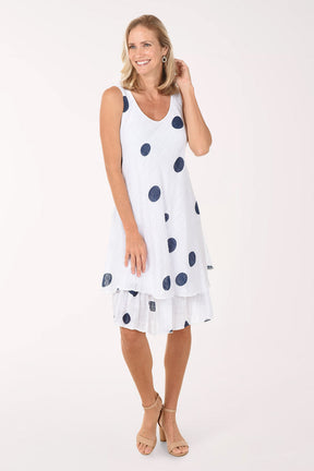Woman wearing a white dress with blue polka dots on a white background