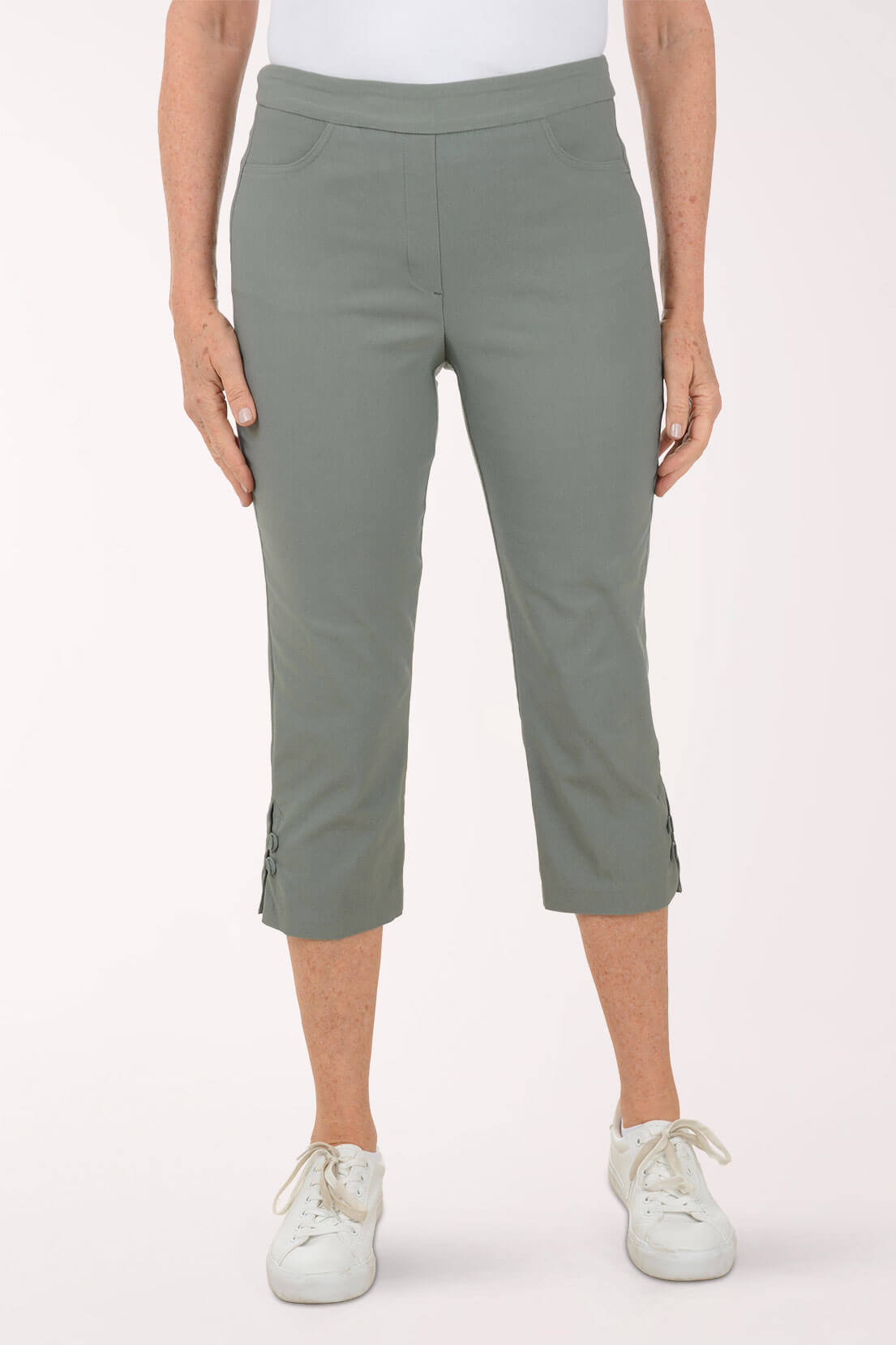coconut row palm beach clothing Coconut Row Double Button Hem Capri Pant - White