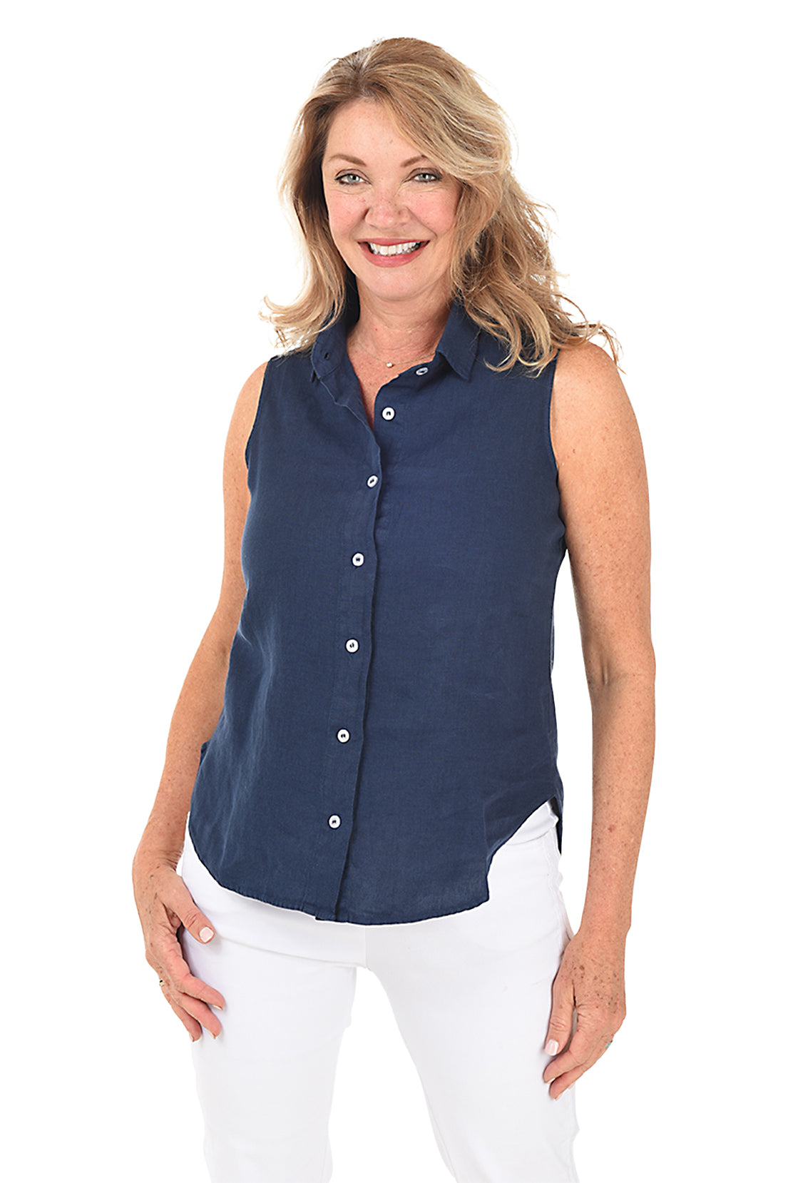 Sleeveless Linen Button-Front Shirt