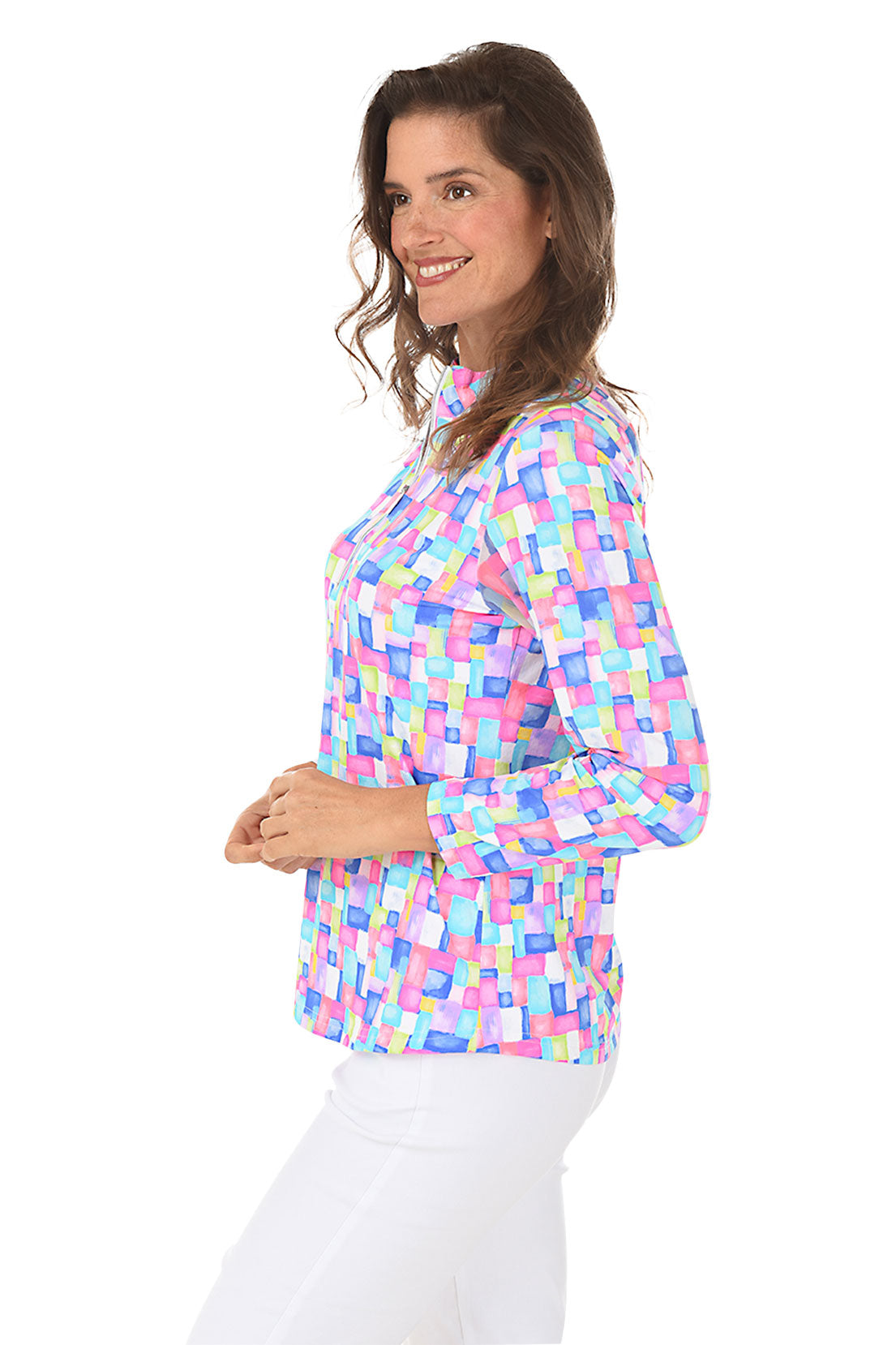 Colorful Cubes Cooling UPF50+ Mock Neck Top