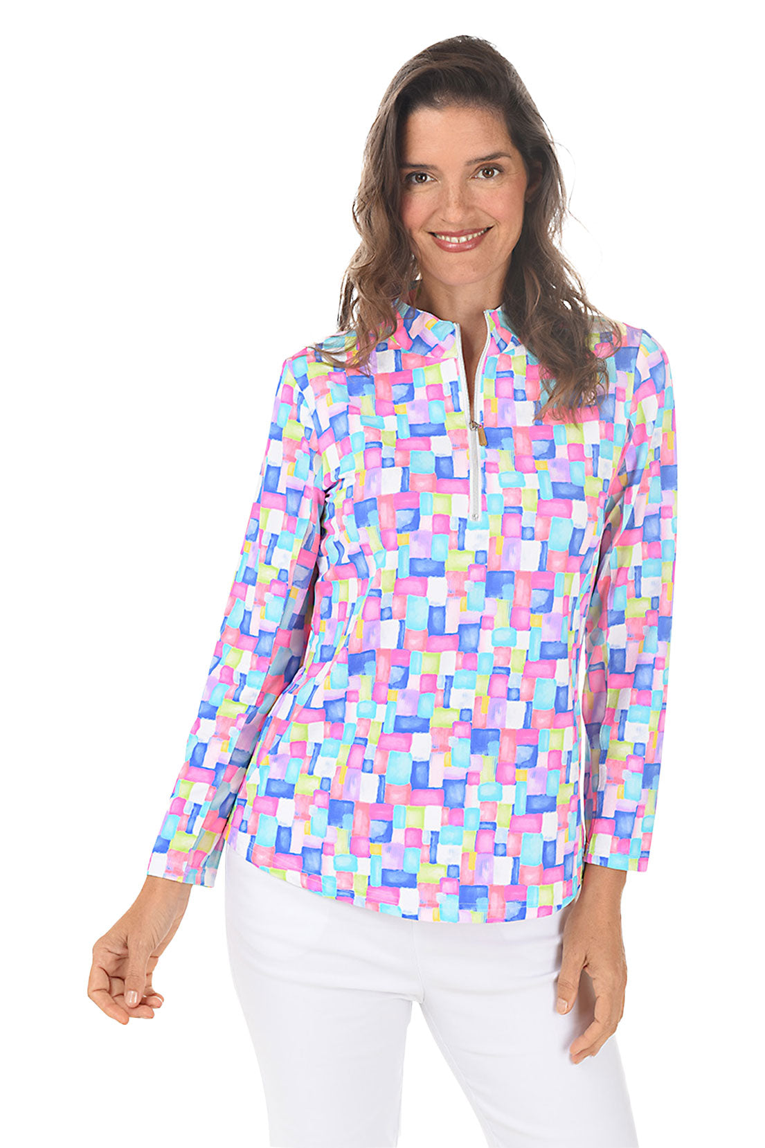 Colorful Cubes Cooling UPF50+ Mock Neck Top