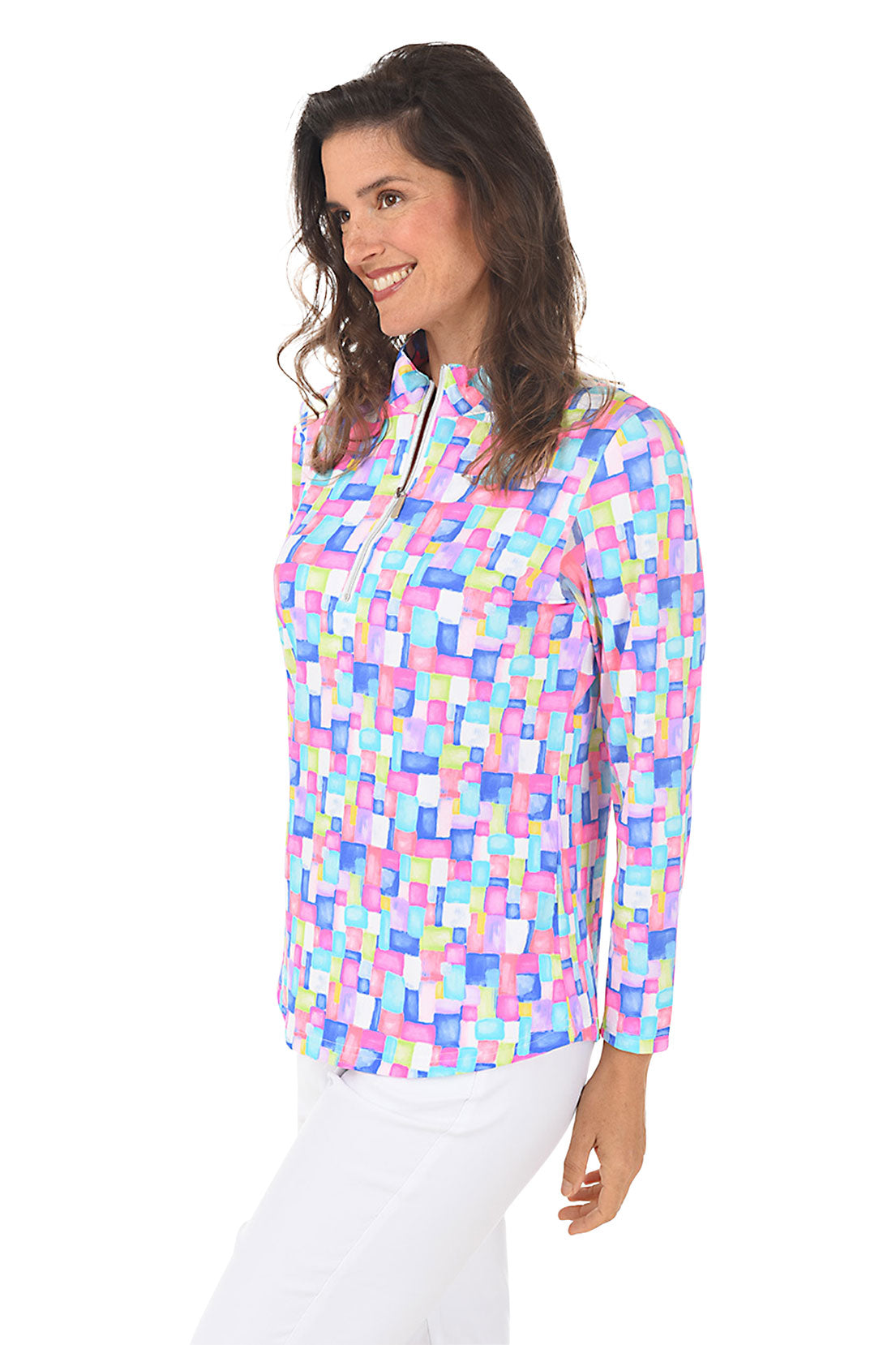 Colorful Cubes Cooling UPF50+ Mock Neck Top
