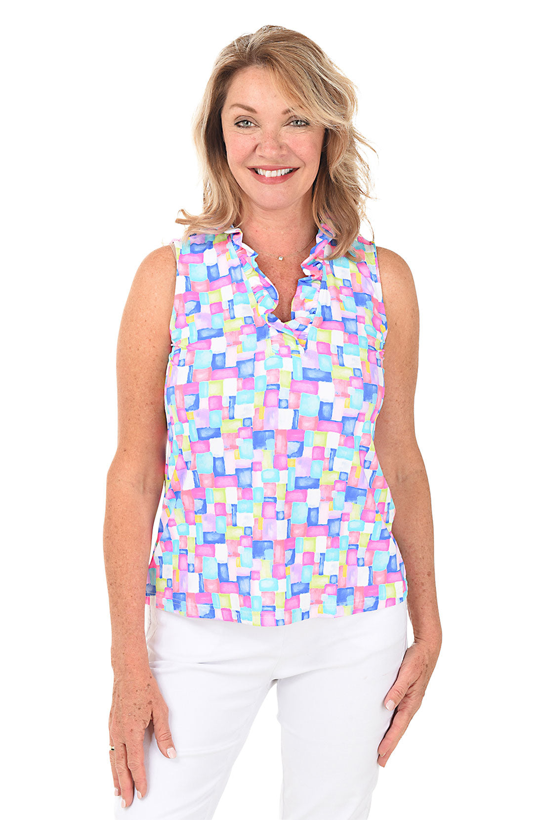 Colorful Cubes Cooling UPF50+ Ruffle Neck Sleeveless Top