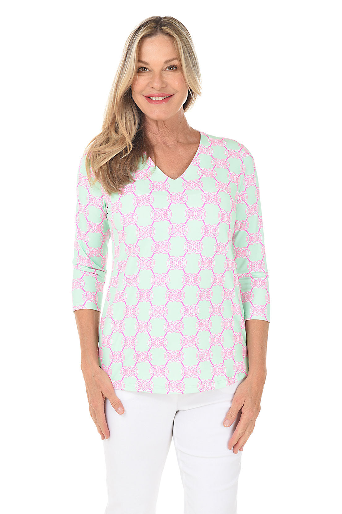Lime Double Medallion Classic UPF50+ V-Neck Top