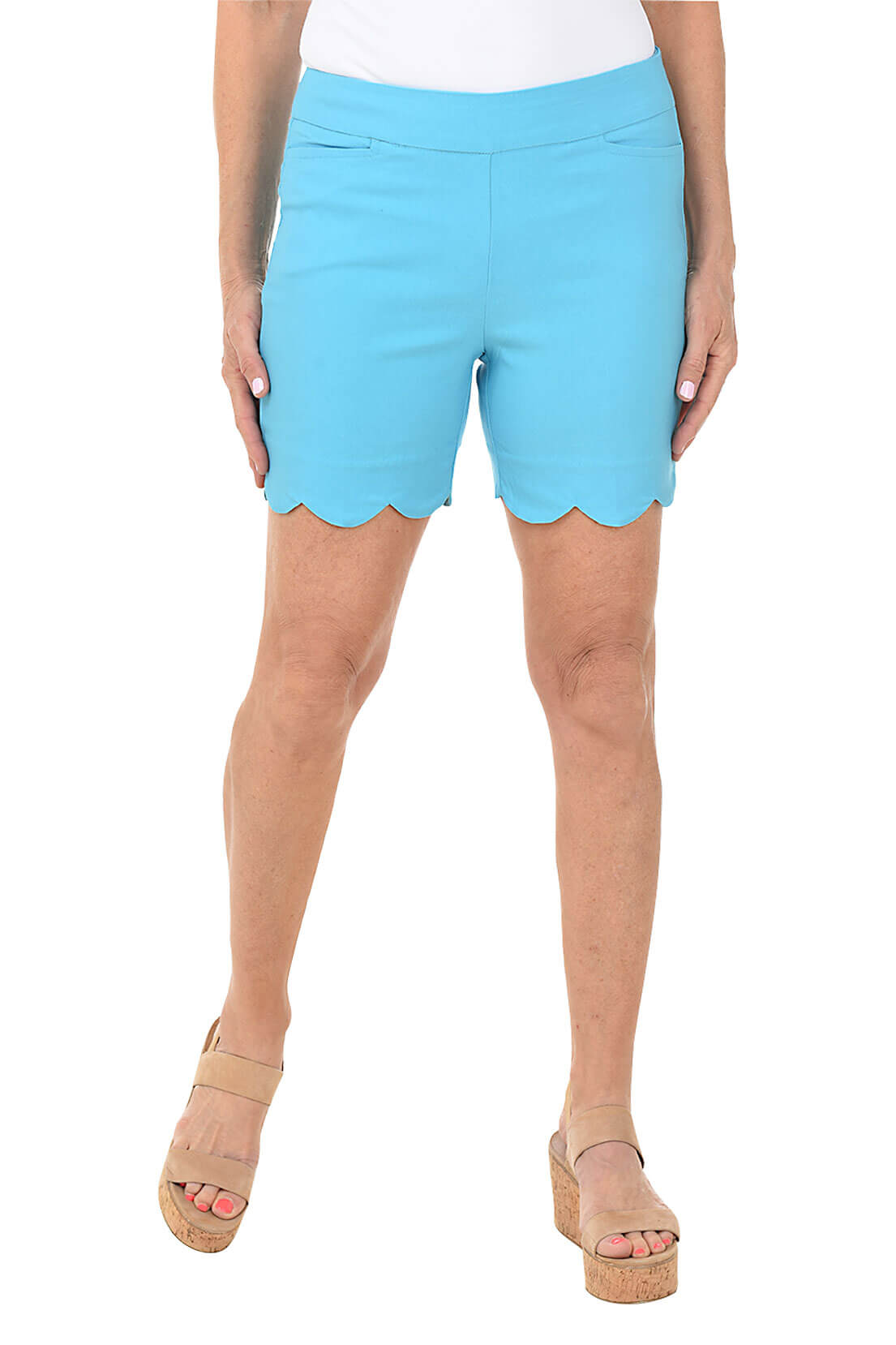 Light blue shorts worn by a person on a white background