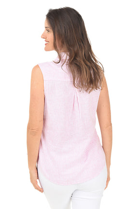 Pink Linen-Blend Striped Sleeveless Blouse