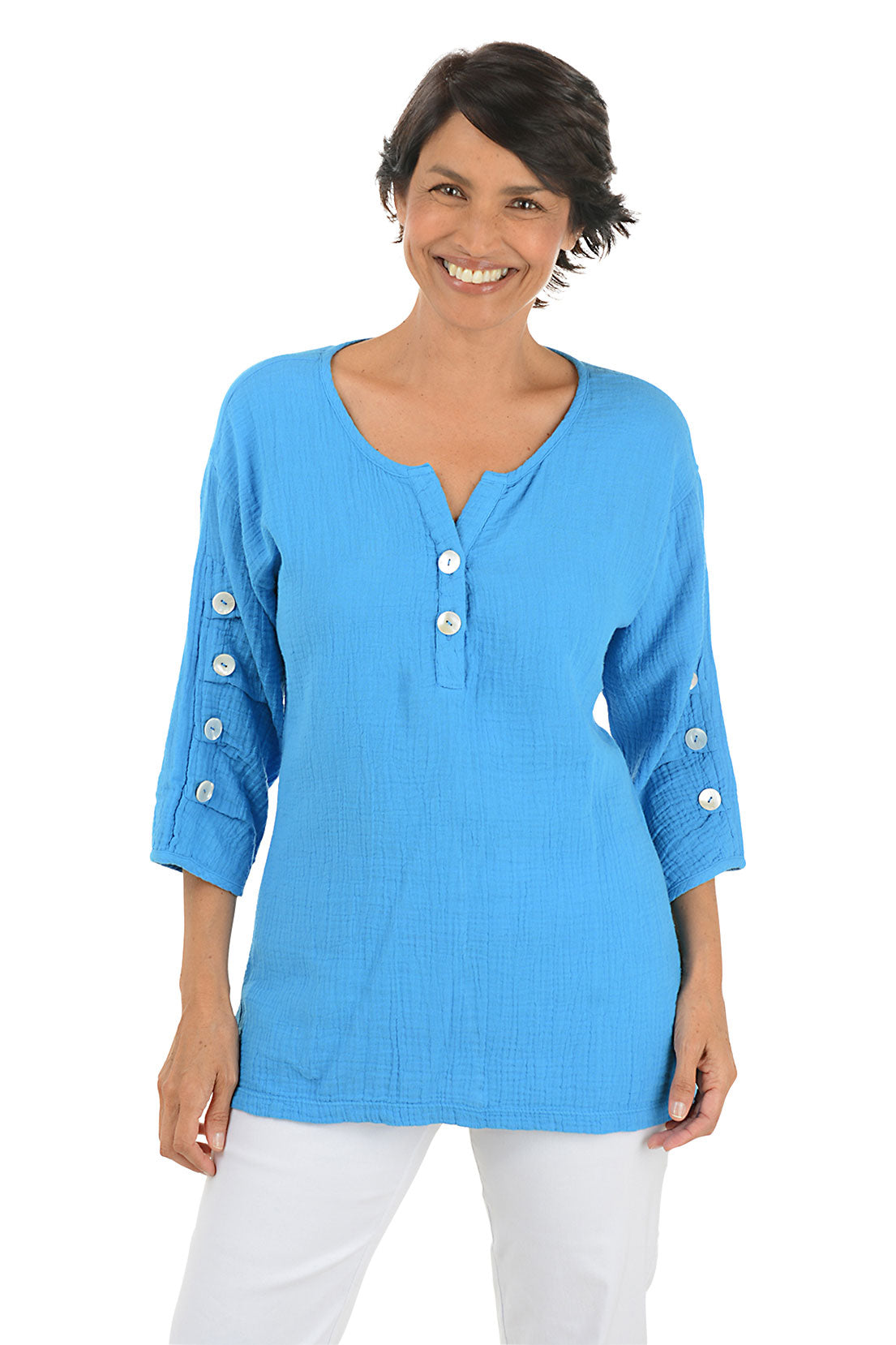 Bubble Gauze Button Sleeve Top