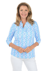 Periwinkle Optical Daisy UPF50+ Ruffle Neck Top