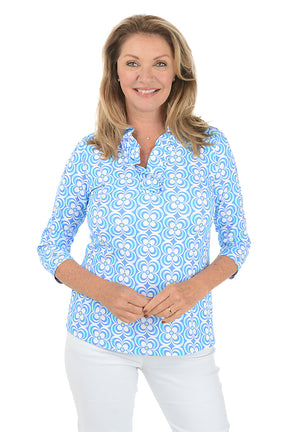 Periwinkle Optical Daisy UPF50+ Ruffle Neck Top