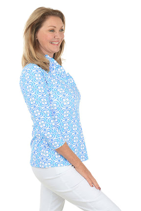 Periwinkle Optical Daisy UPF50+ Ruffle Neck Top