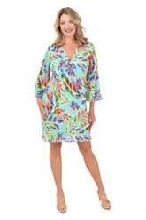 Tropical Day Bell Sleeve Pleated Dress