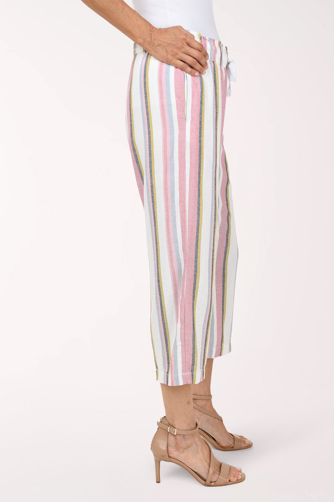 Woman wearing multi striped crop pants