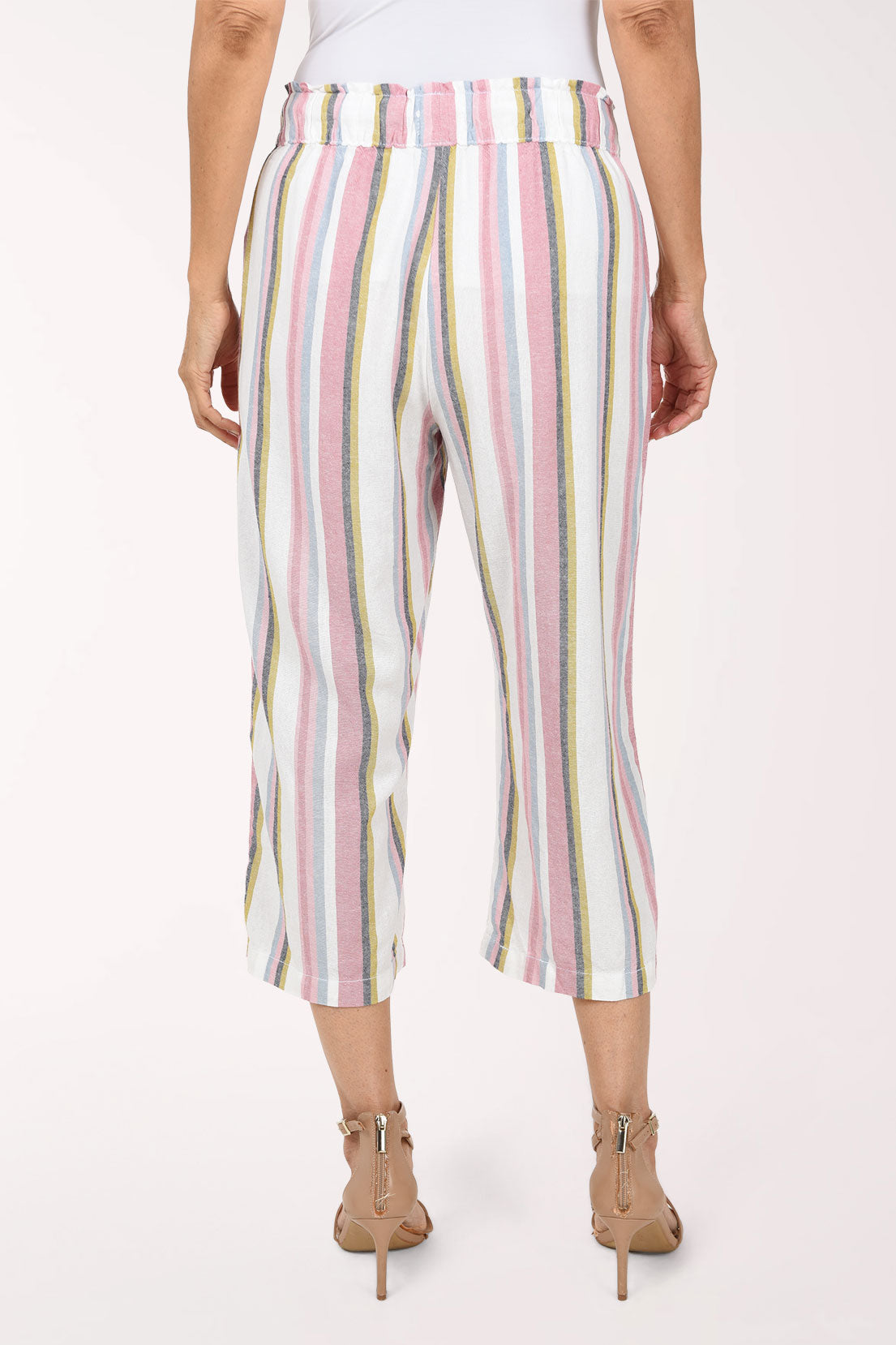 Woman wearing multi striped crop pants