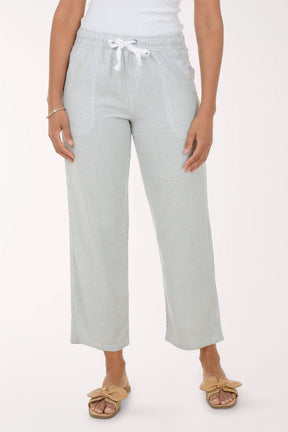 Light gray striped pants with a drawstring waist on a white background