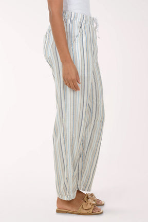 Person wearing striped pants on a white background