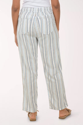 Person wearing striped pants on a white background