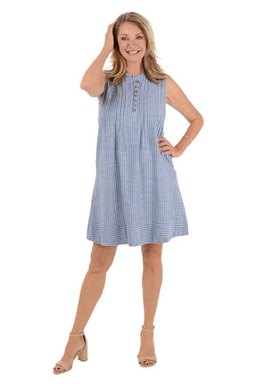 Indigo Triple Striped Sleeveless Pintuck Dress