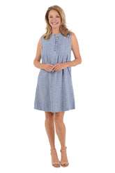 Indigo Triple Striped Sleeveless Pintuck Dress