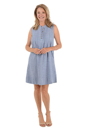 Indigo Triple Striped Sleeveless Pintuck Dress