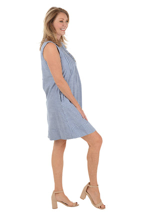 Indigo Triple Striped Sleeveless Pintuck Dress