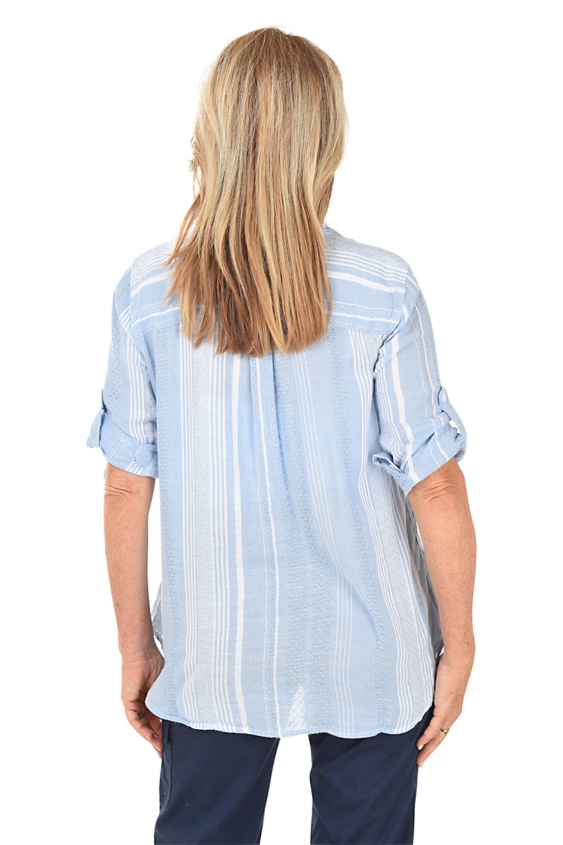Textured Striped Cotton Roll Sleeve Shirt
