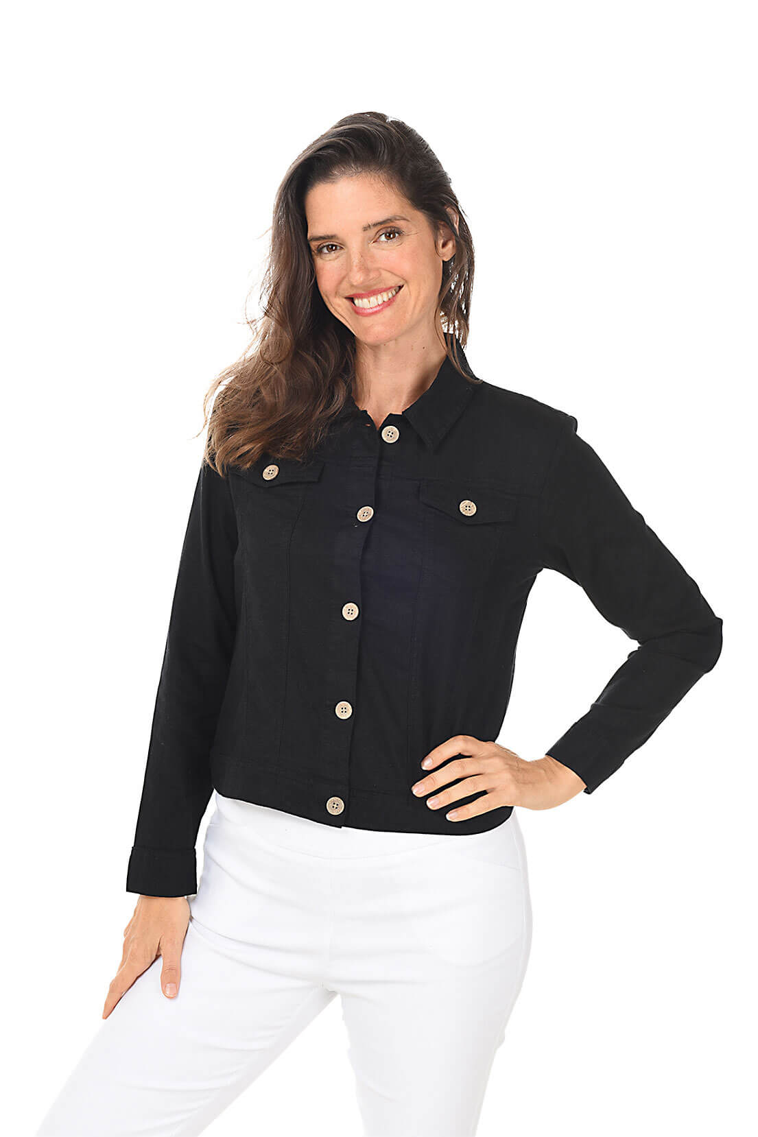 Woman wearing a black jacket with buttons on a white background